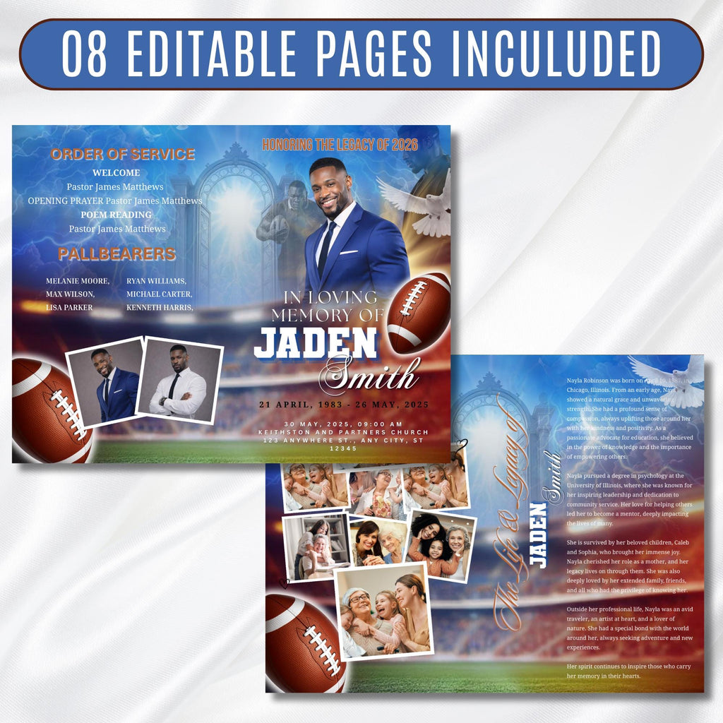 08 Pages Blue Football Funeral Program Template, Bi-Fold(11x8.5 in) Funeral Program, Obituary Celebration Of Life Program, Digital Download - Editable Memorial Canva Template