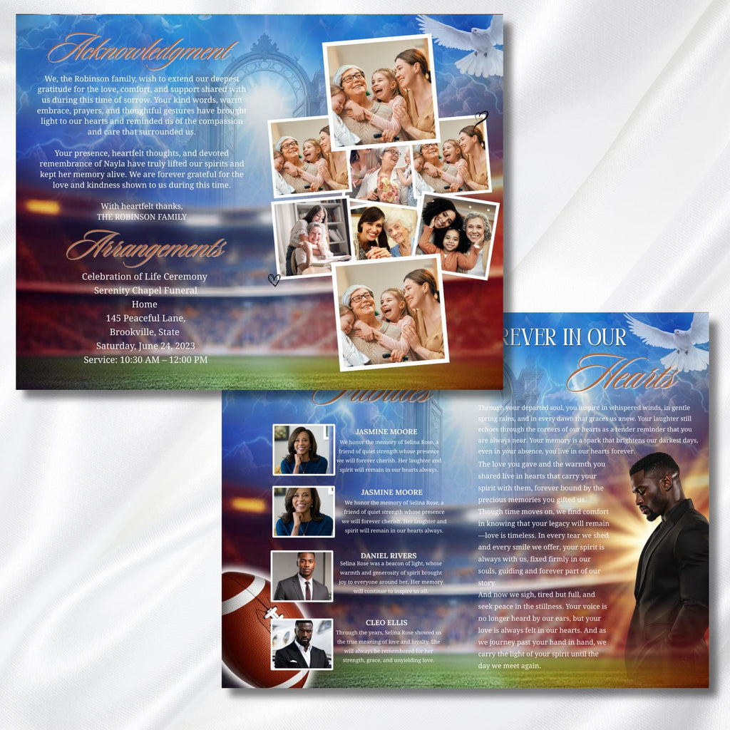 08 Pages Blue Football Funeral Program Template, Bi-Fold(11x8.5 in) Funeral Program, Obituary Celebration Of Life Program, Digital Download - Editable Memorial Canva Template