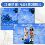 08 Pages Blue Roses Funeral Program Template, Editable Bifold 8.5x11” Design, Obituary Celebration Of Life Program, Digital Download - Editable Memorial Canva Template