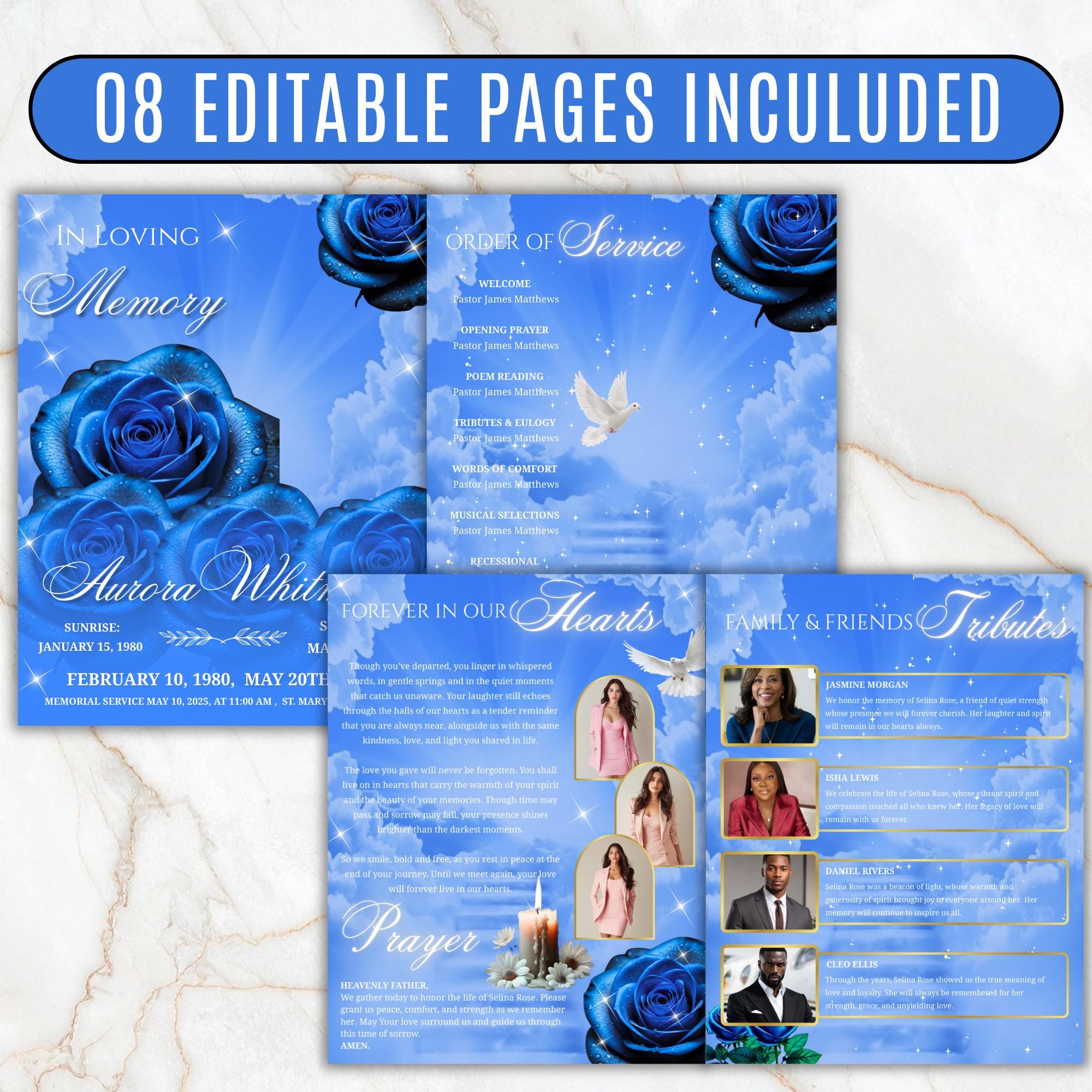 08 Pages Blue Roses Funeral Program Template, Editable Bifold 8.5x11” Design, Obituary Celebration Of Life Program, Digital Download - Editable Memorial Canva Template