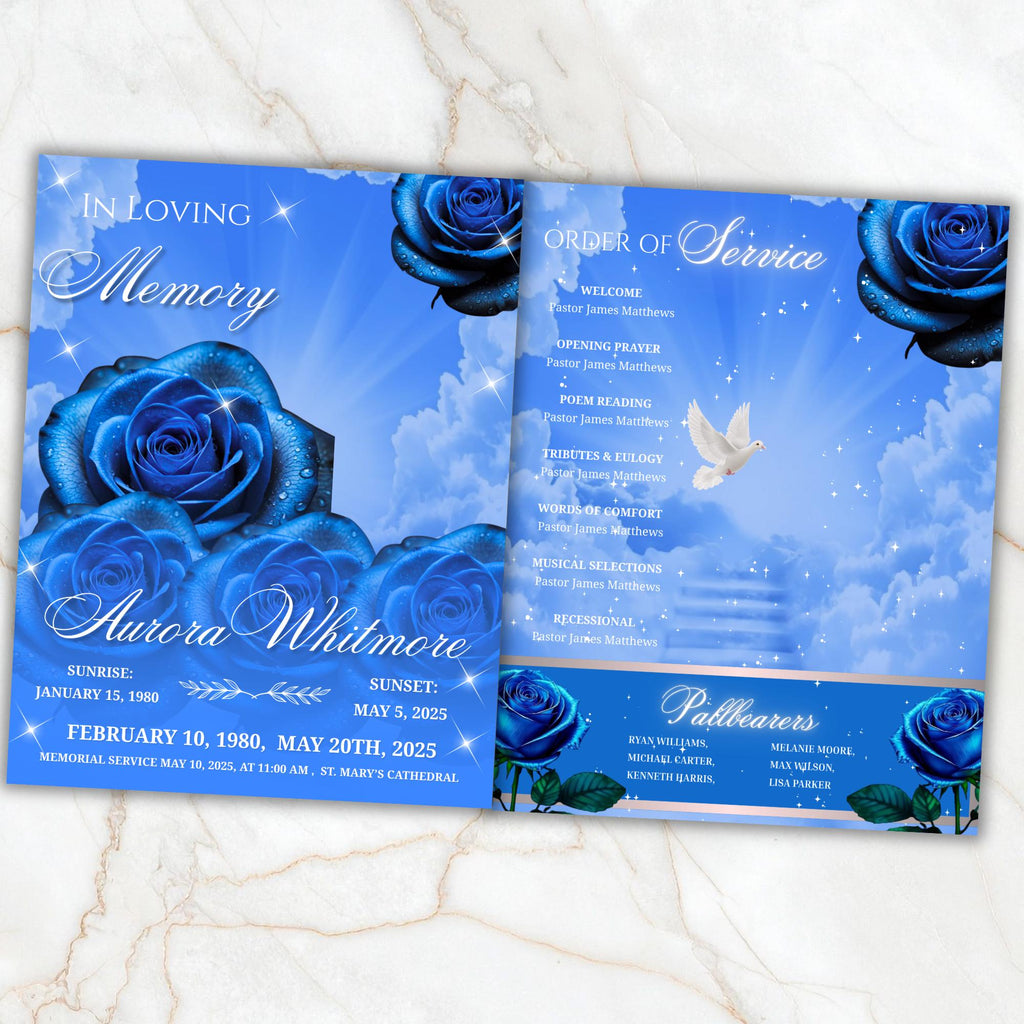 08 Pages Blue Roses Funeral Program Template, Editable Bifold 8.5x11” Design, Obituary Celebration Of Life Program, Digital Download - Editable Memorial Canva Template