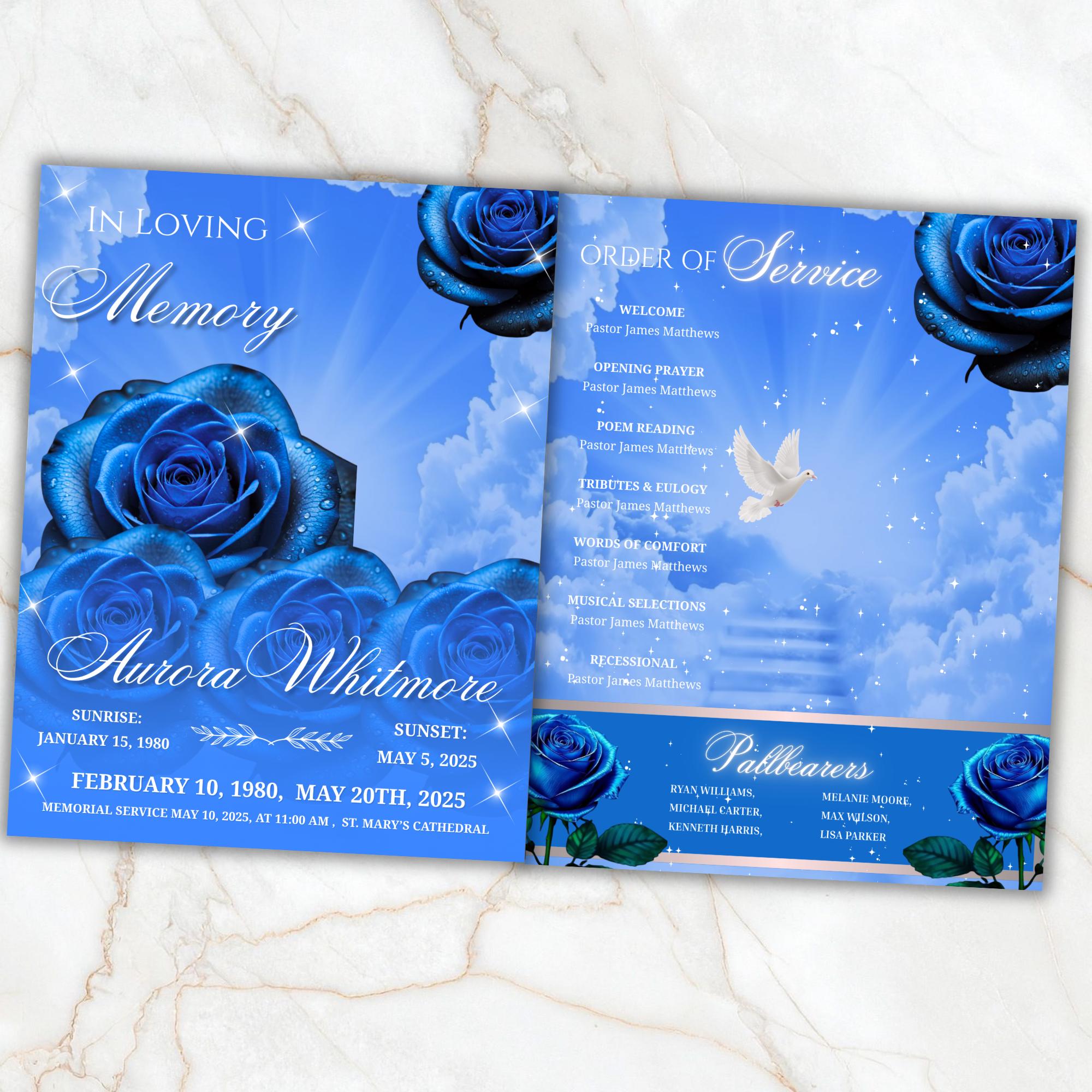 08 Pages Blue Roses Funeral Program Template, Editable Bifold 8.5x11” Design, Obituary Celebration Of Life Program, Digital Download - Editable Memorial Canva Template