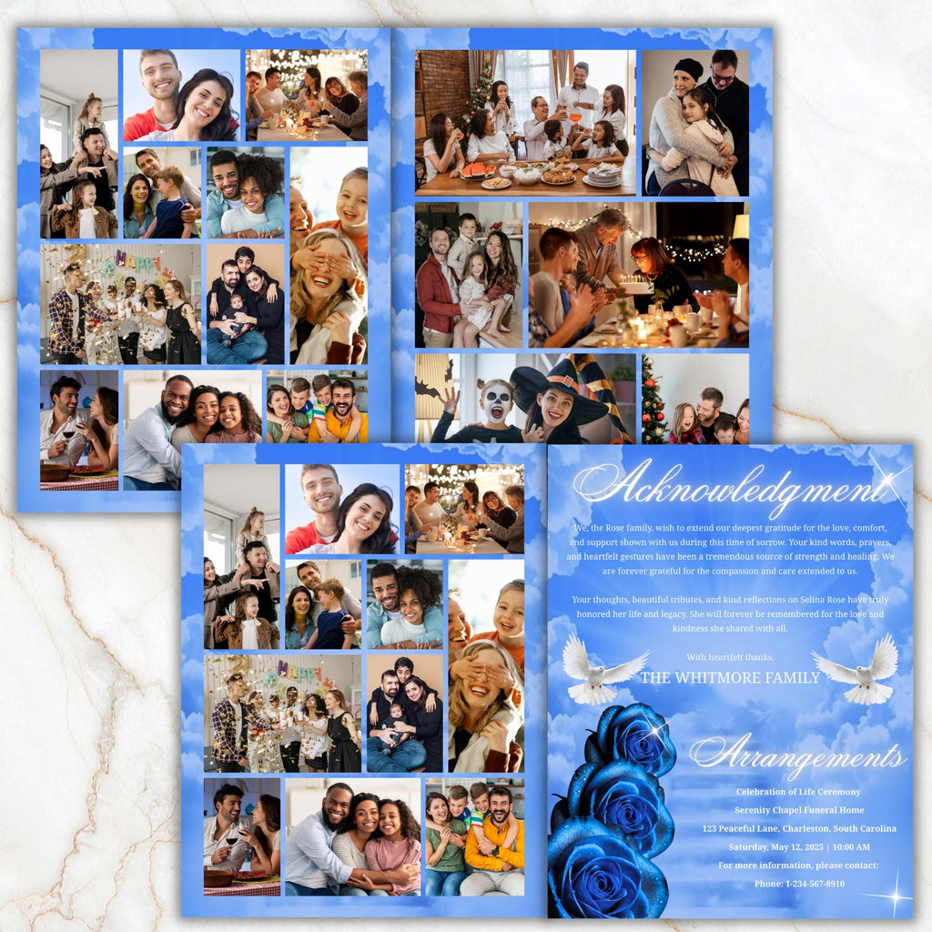 08 Pages Blue Roses Funeral Program Template, Editable Bifold 8.5x11” Design, Obituary Celebration Of Life Program, Digital Download - Editable Memorial Canva Template