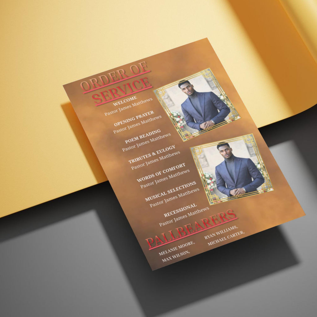 Brown & Red Obituary Funeral Program Template, Bi-Fold(11x8.5 in) Funeral Program, Obituary Celebration Of Life Program, Digital Download - Editable Memorial Canva Template