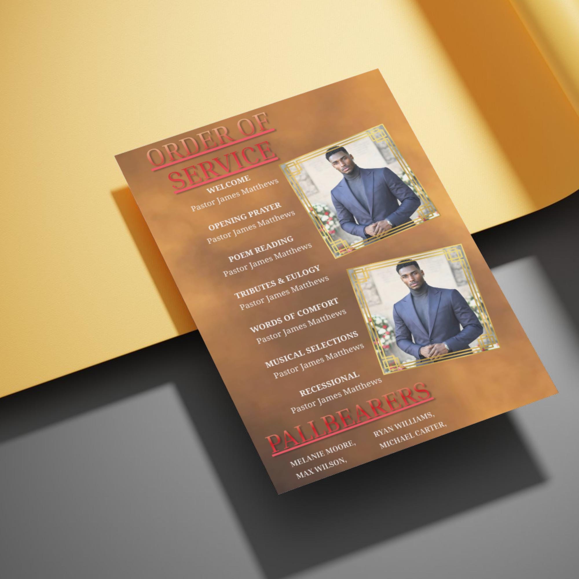 Brown & Red Obituary Funeral Program Template, Bi-Fold(11x8.5 in) Funeral Program, Obituary Celebration Of Life Program, Digital Download - Editable Memorial Canva Template