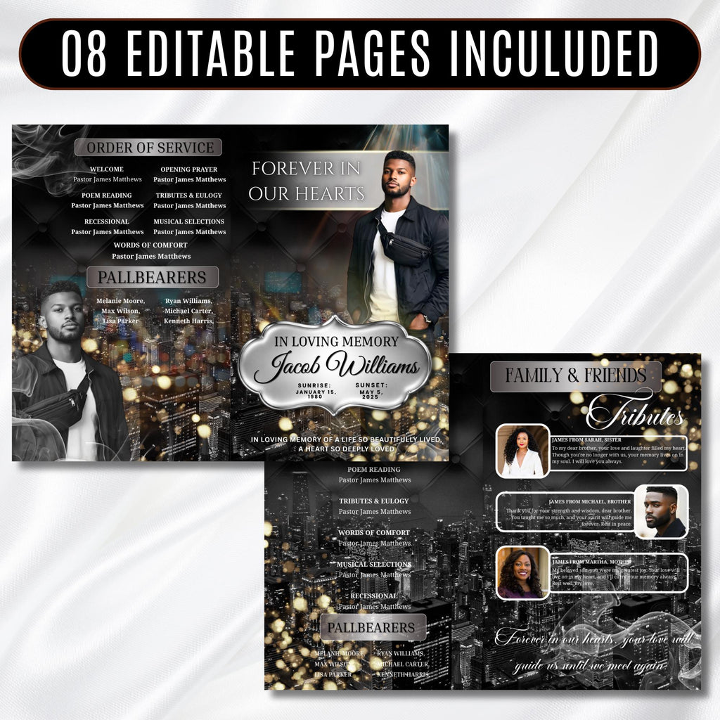 Black & Silver Obituary Funeral Program Template, Bi-Fold(11x8.5 in) Funeral Program, Obituary Celebration Of Life Program, Digital Download - Editable Memorial Canva Template
