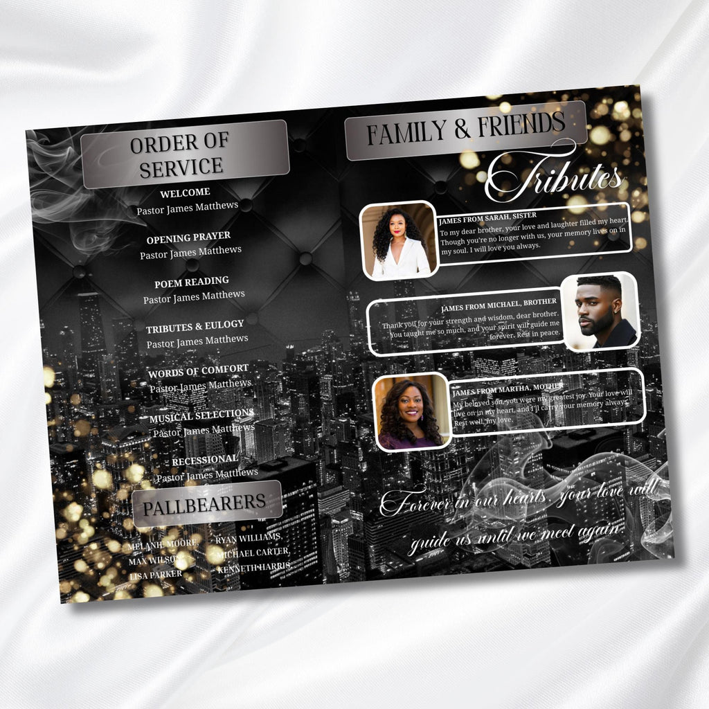 Black & Silver Obituary Funeral Program Template, Bi-Fold(11x8.5 in) Funeral Program, Obituary Celebration Of Life Program, Digital Download - Editable Memorial Canva Template