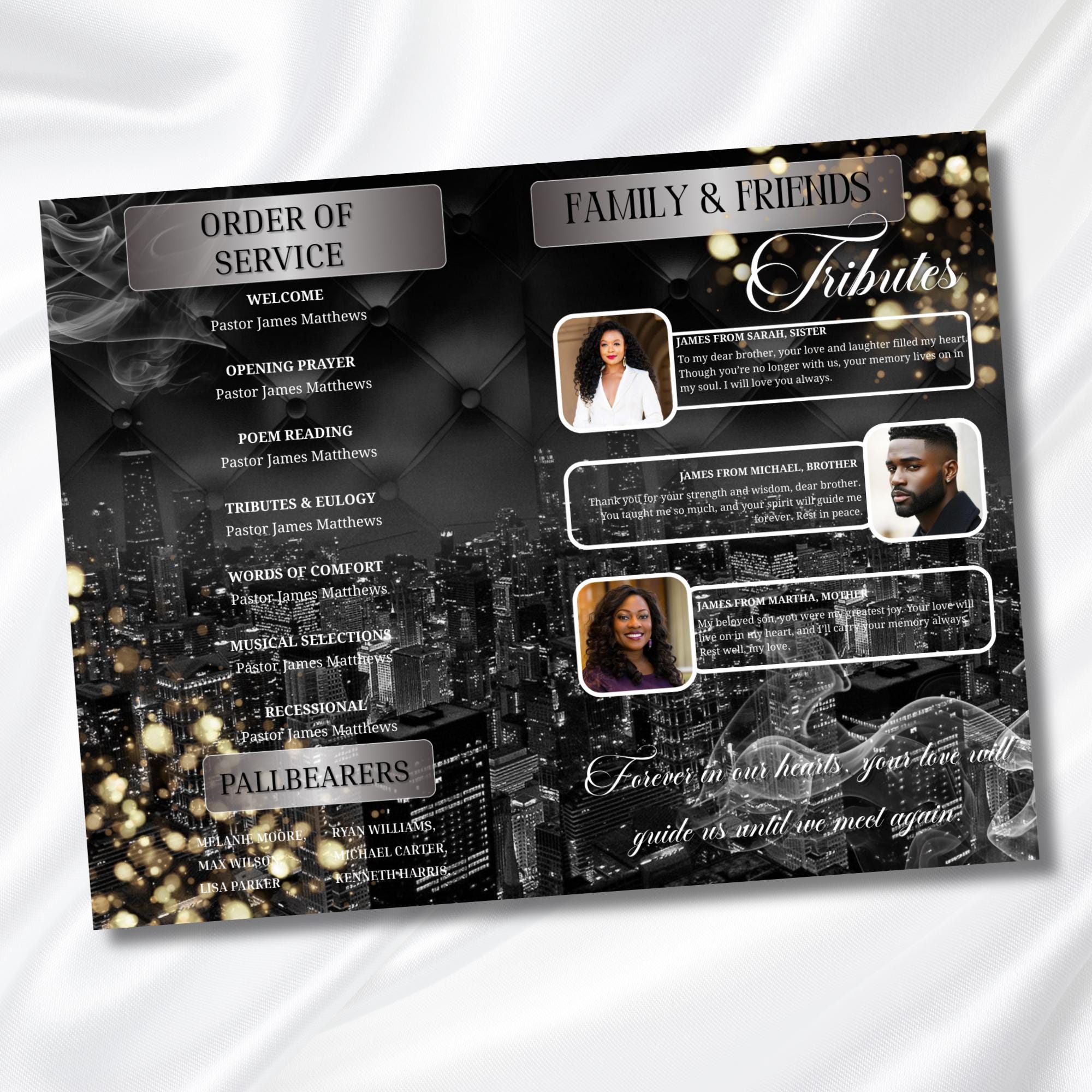 Black & Silver Obituary Funeral Program Template, Bi-Fold(11x8.5 in) Funeral Program, Obituary Celebration Of Life Program, Digital Download - Editable Memorial Canva Template