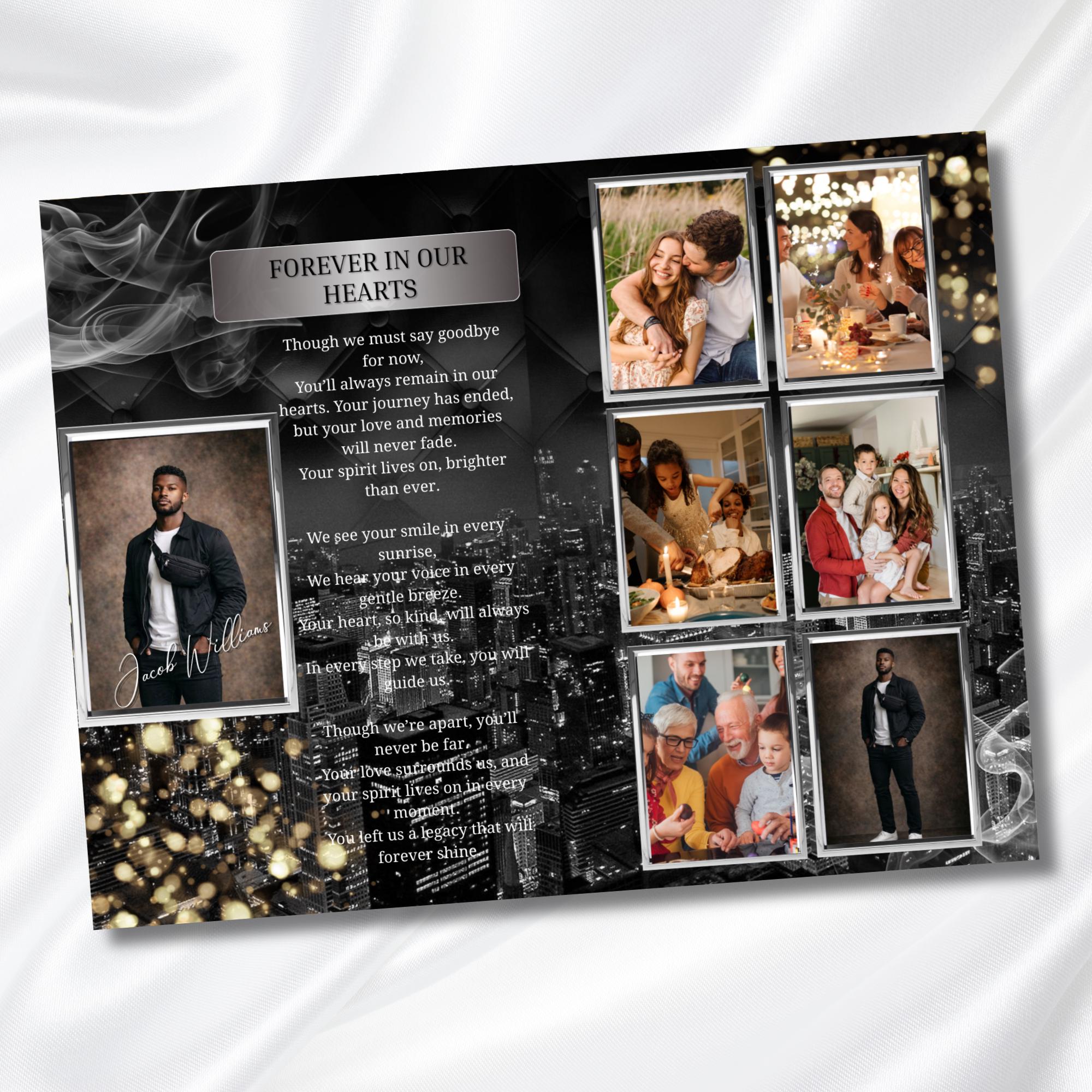 Black & Silver Obituary Funeral Program Template, Bi-Fold(11x8.5 in) Funeral Program, Obituary Celebration Of Life Program, Digital Download - Editable Memorial Canva Template
