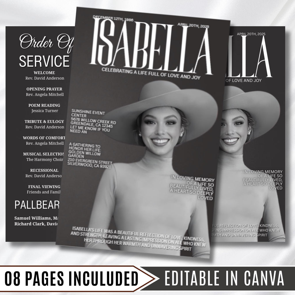 Grey & White Obituary Funeral Program Template, Bi-Fold(11x8.5 in) Funeral Program, Obituary Celebration Of Life Program, Digital Download - Editable Memorial Canva Template