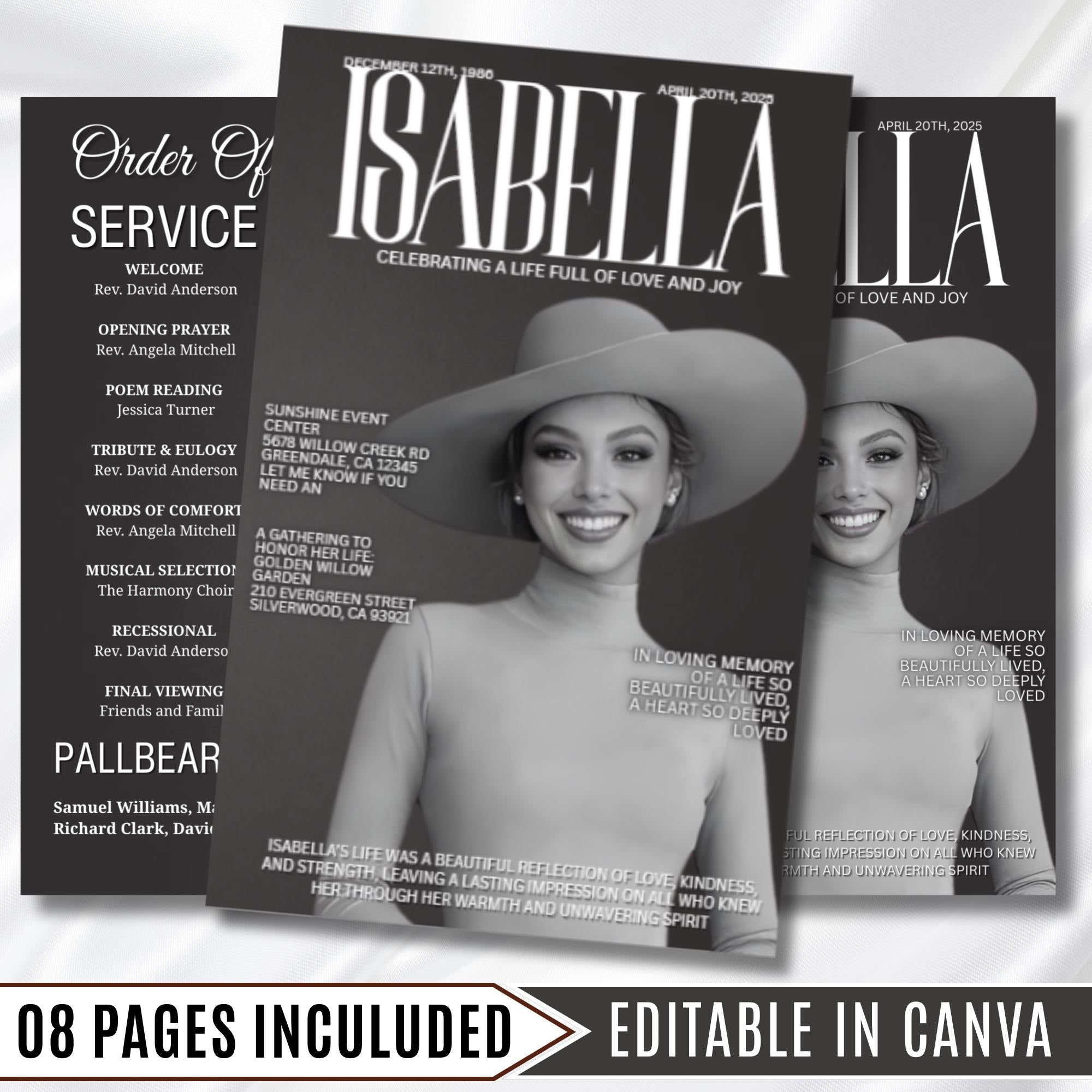 Grey & White Obituary Funeral Program Template, Bi-Fold(11x8.5 in) Funeral Program, Obituary Celebration Of Life Program, Digital Download - Editable Memorial Canva Template