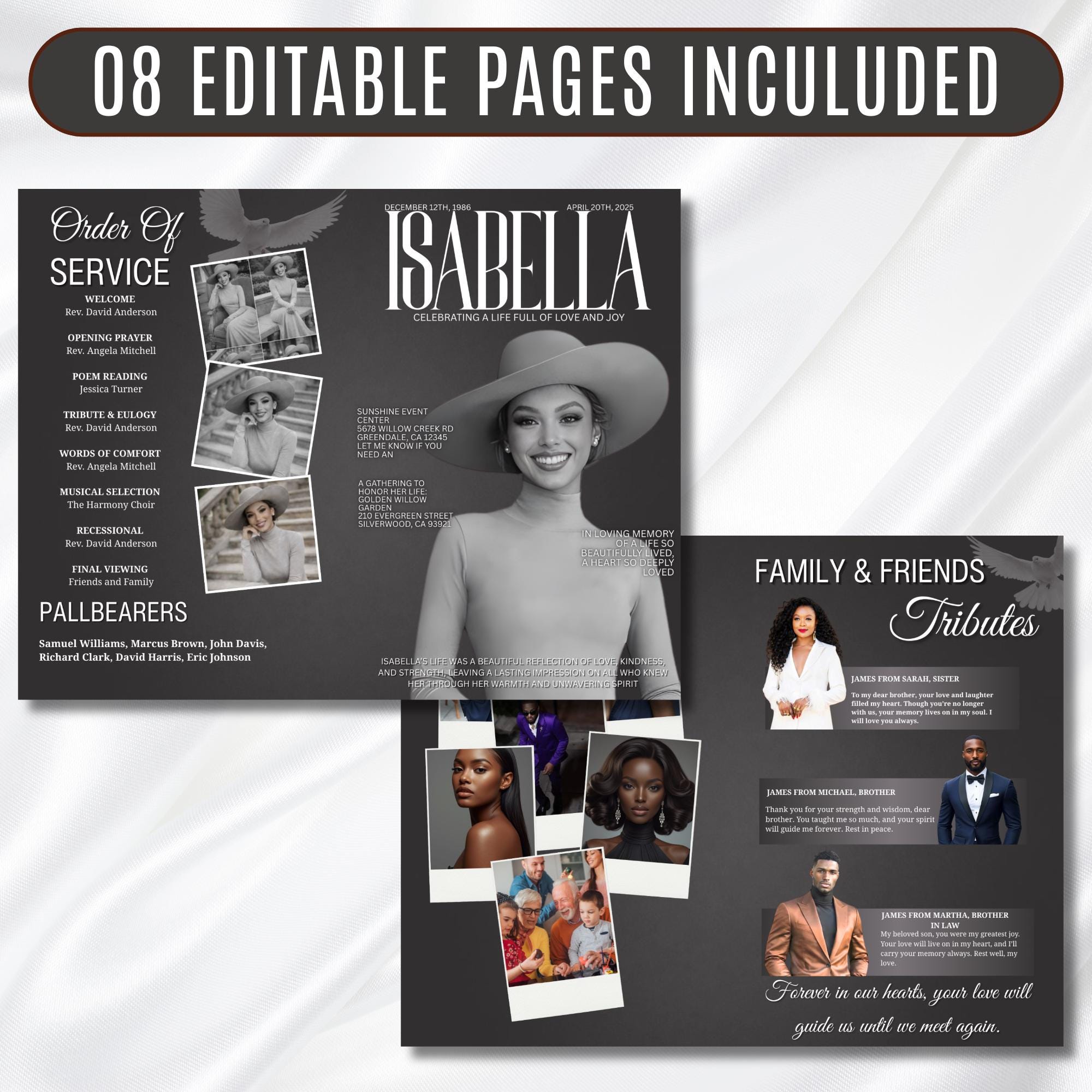 Grey & White Obituary Funeral Program Template, Bi-Fold(11x8.5 in) Funeral Program, Obituary Celebration Of Life Program, Digital Download - Editable Memorial Canva Template