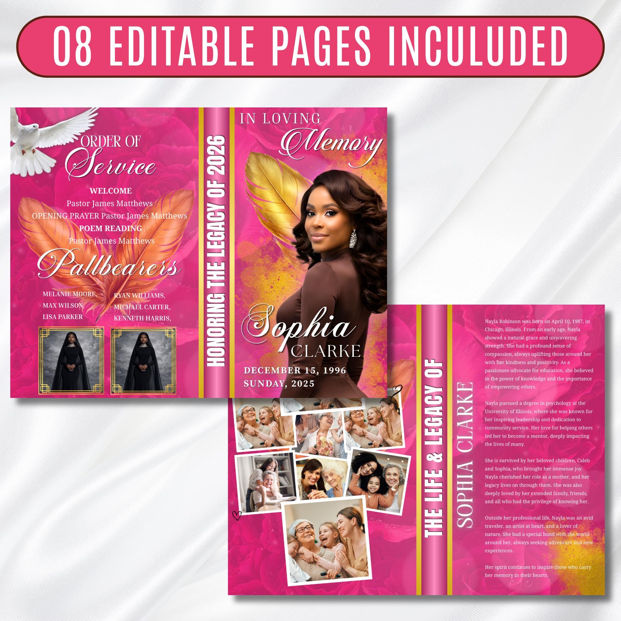 Pink & Gold Leaf Funeral Program Template, Bi-Fold(11x8.5 in) Funeral Program, Obituary Celebration Of Life Program, Digital Download - Editable Memorial Canva Template