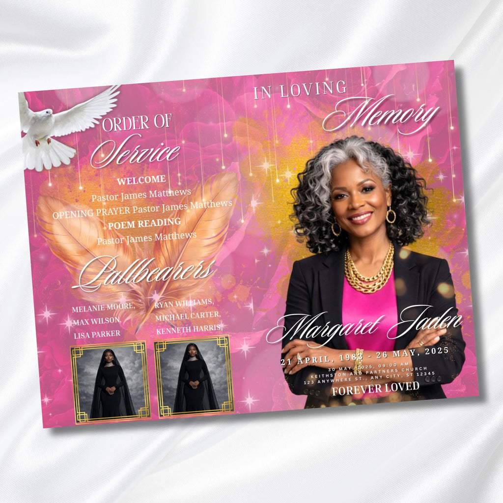 Pink and Gold Woman Obituary Funeral Program Template, Bi-Fold(11x8.5 in) Funeral Program, Obituary Celebration Of Life, Digital Download - Editable Memorial Canva Template