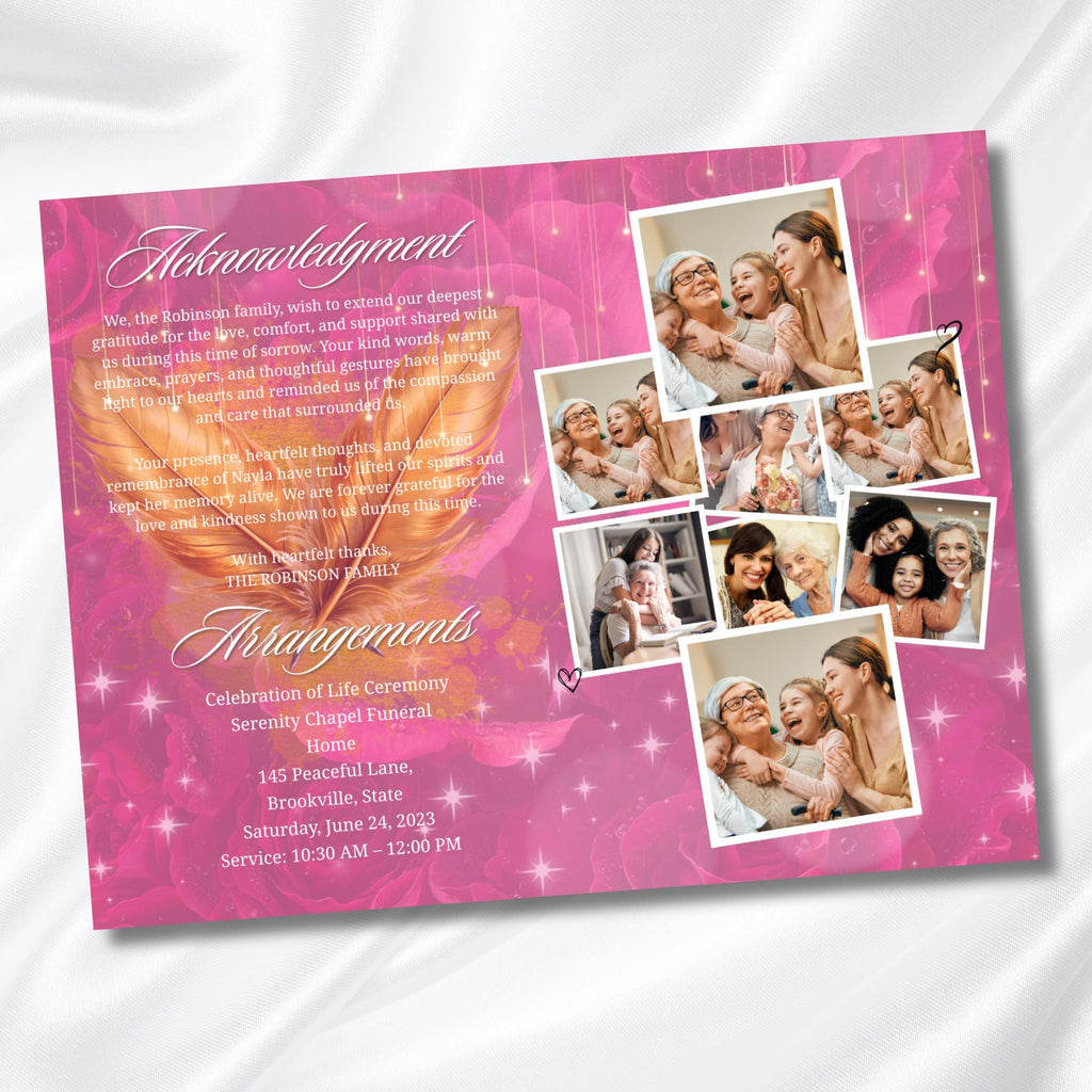 Pink and Gold Woman Obituary Funeral Program Template, Bi-Fold(11x8.5 in) Funeral Program, Obituary Celebration Of Life, Digital Download - Editable Memorial Canva Template