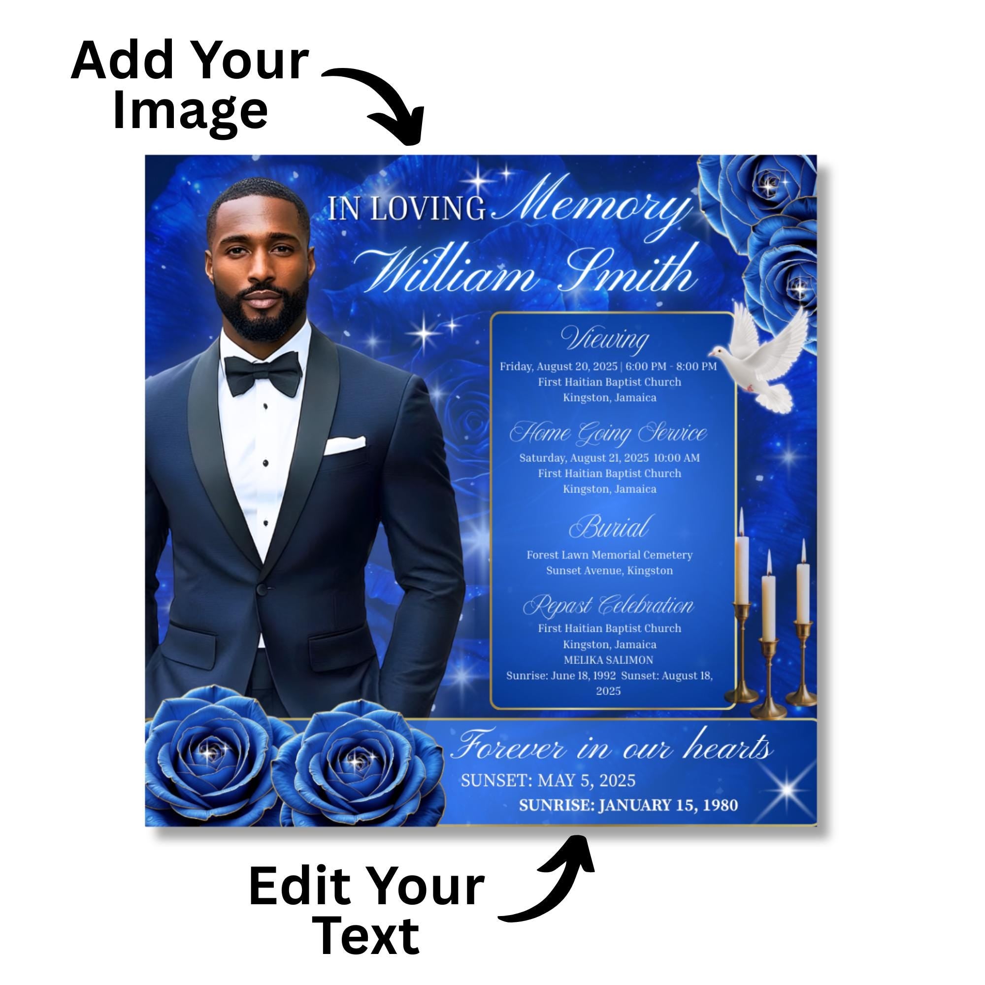 In Loving Memory Blue Flyer Canva Editable Template, Memorial Remembrance Flyer, Rest In Peace, Forever In Our Memories, Digital Download - Editable Memorial Canva Template