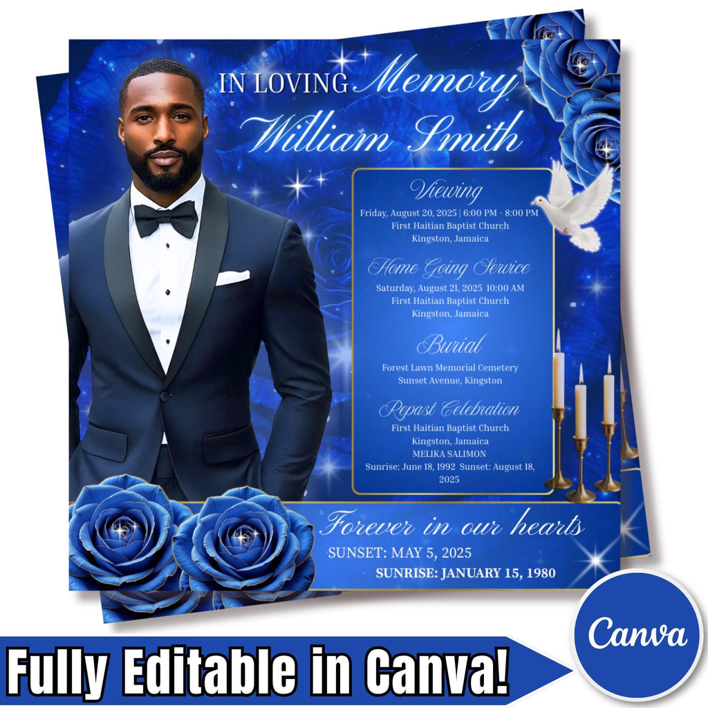 In Loving Memory Blue Flyer Canva Editable Template, Memorial Remembrance Flyer, Rest In Peace, Forever In Our Memories, Digital Download - Editable Memorial Canva Template
