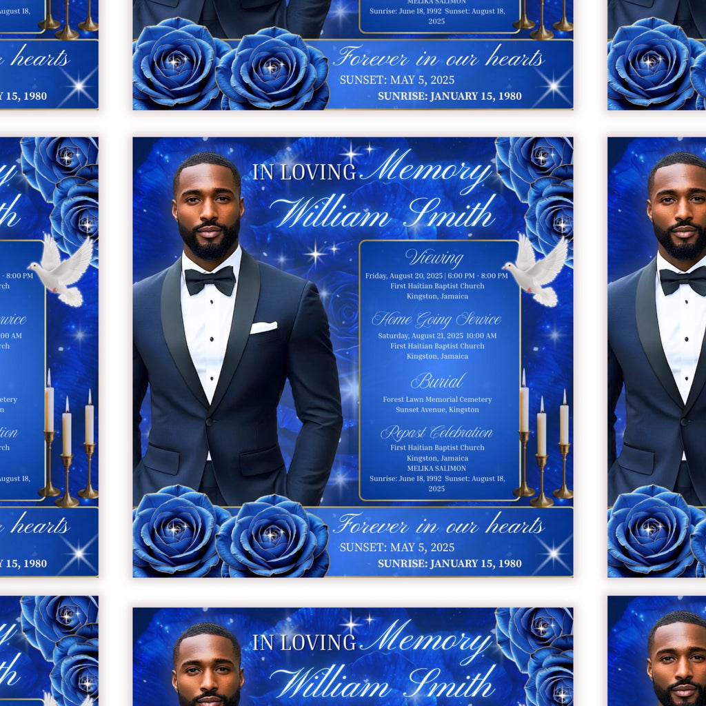 In Loving Memory Blue Flyer Canva Editable Template, Memorial Remembrance Flyer, Rest In Peace, Forever In Our Memories, Digital Download - Editable Memorial Canva Template