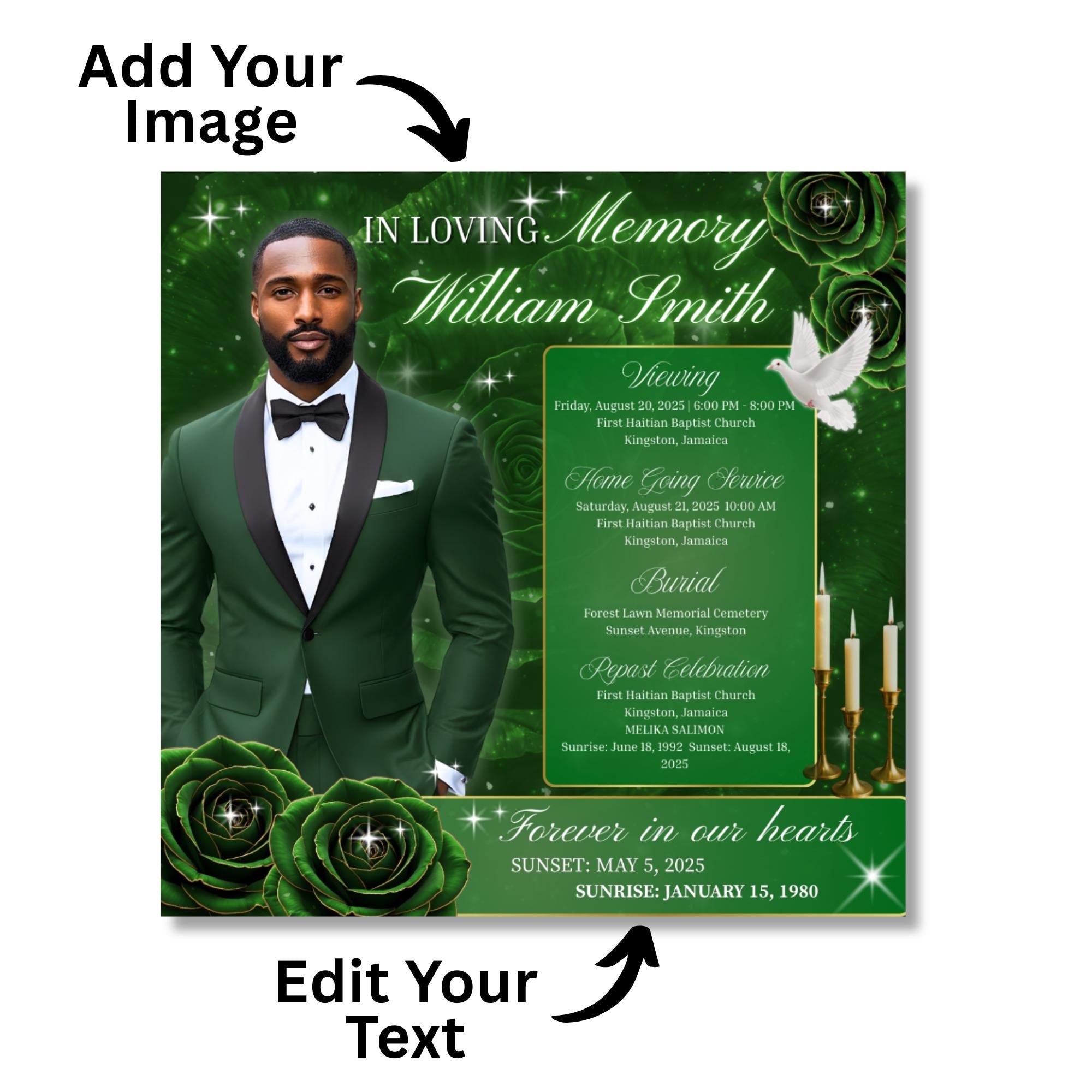 In Loving Memory Green Flyer Canva Editable Template, Memorial Remembrance Flyer, Rest In Peace, Forever In Our Memories, Digital Download - Editable Memorial Canva Template