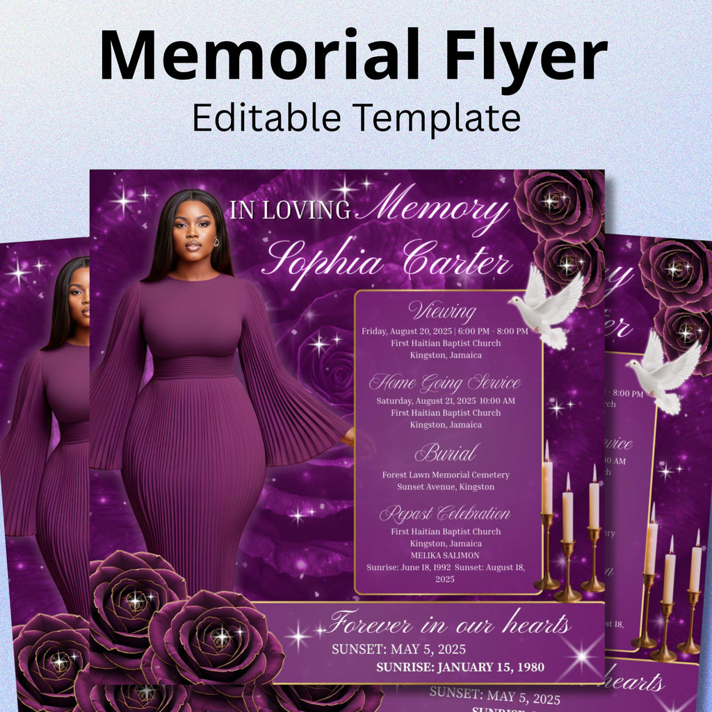 In Loving Memory Purple Flyer Canva Editable Template, Memorial Remembrance Flyer, Rest In Peace, Forever In Our Memories, Digital Download - Editable Memorial Canva Template