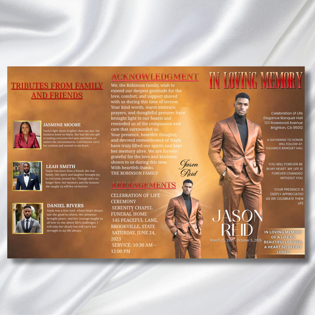 In Loving Memory Brown & Red Funeral Program Template, Editable TriFold 17x11 Program, Celebration of Life Obituary Program,Digital Download - Editable Memorial Canva Template