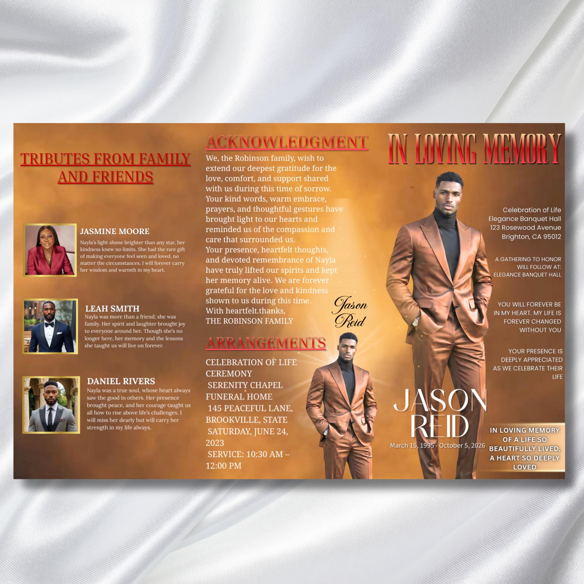In Loving Memory Brown & Red Funeral Program Template, Editable TriFold 17x11 Program, Celebration of Life Obituary Program,Digital Download - Editable Memorial Canva Template