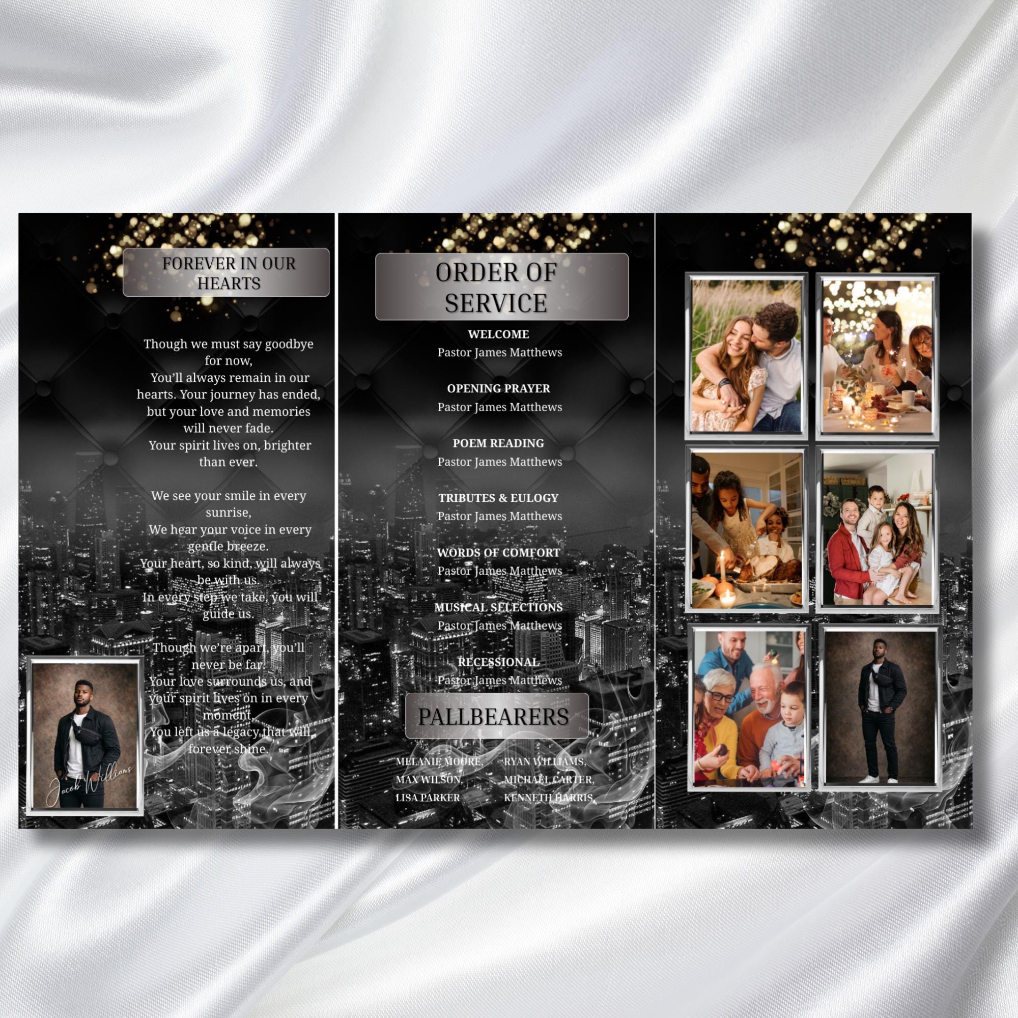 Memorial Black & Silver Smoke Funeral Program Template, Editable TriFold 17x11 Program, Celebration of Life Obituary, Digital Download - Editable Memorial Canva Template