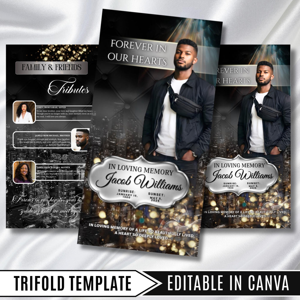 Memorial Black & Silver Smoke Funeral Program Template, Editable TriFold 17x11 Program, Celebration of Life Obituary, Digital Download - Editable Memorial Canva Template