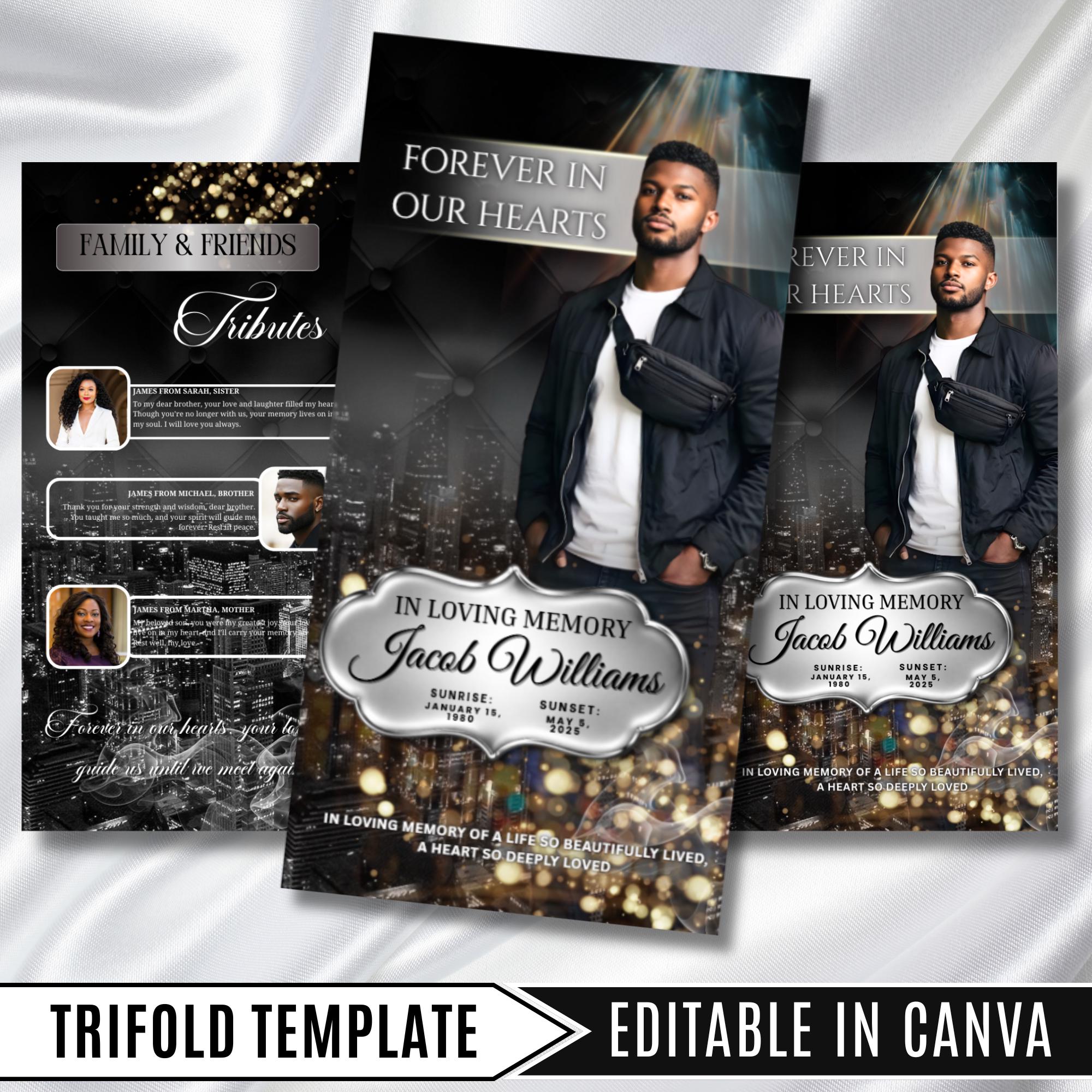 Memorial Black & Silver Smoke Funeral Program Template, Editable TriFold 17x11 Program, Celebration of Life Obituary, Digital Download - Editable Memorial Canva Template