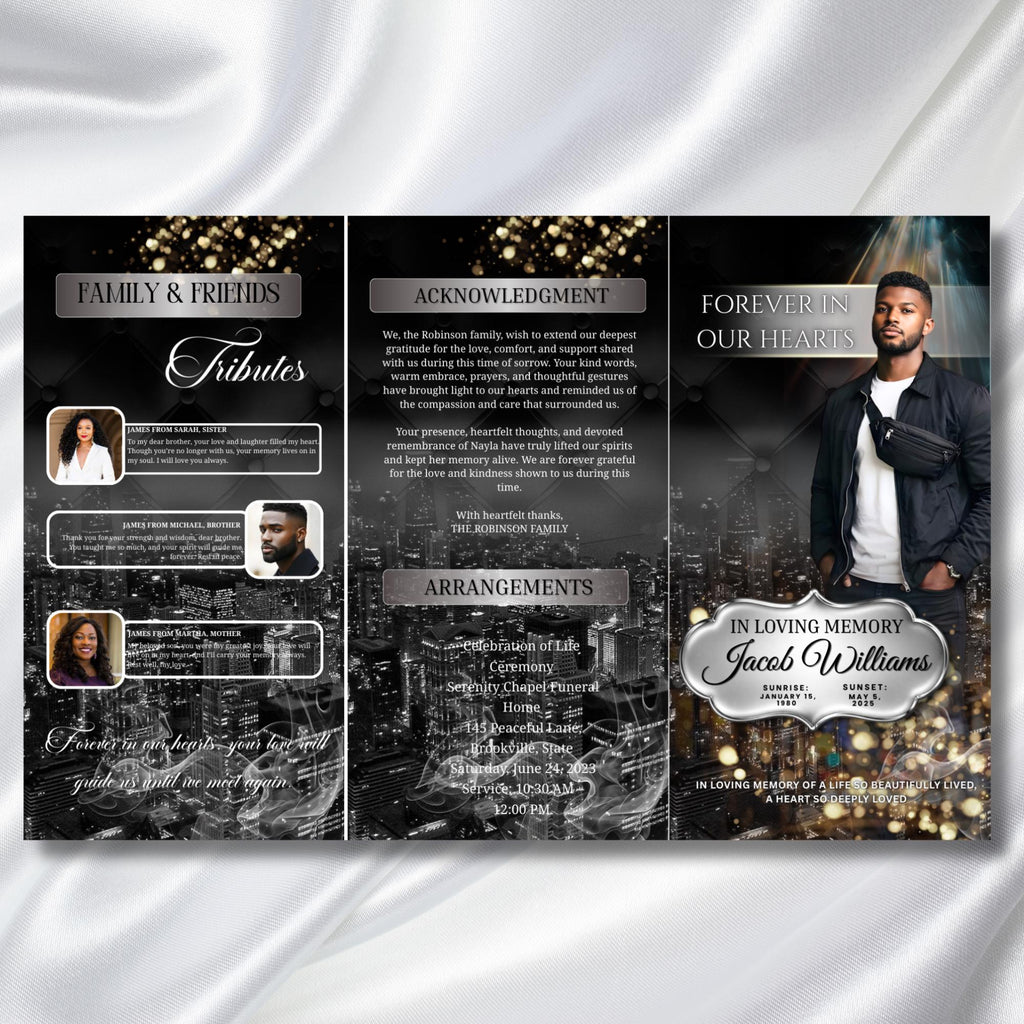 Memorial Black & Silver Smoke Funeral Program Template, Editable TriFold 17x11 Program, Celebration of Life Obituary, Digital Download - Editable Memorial Canva Template