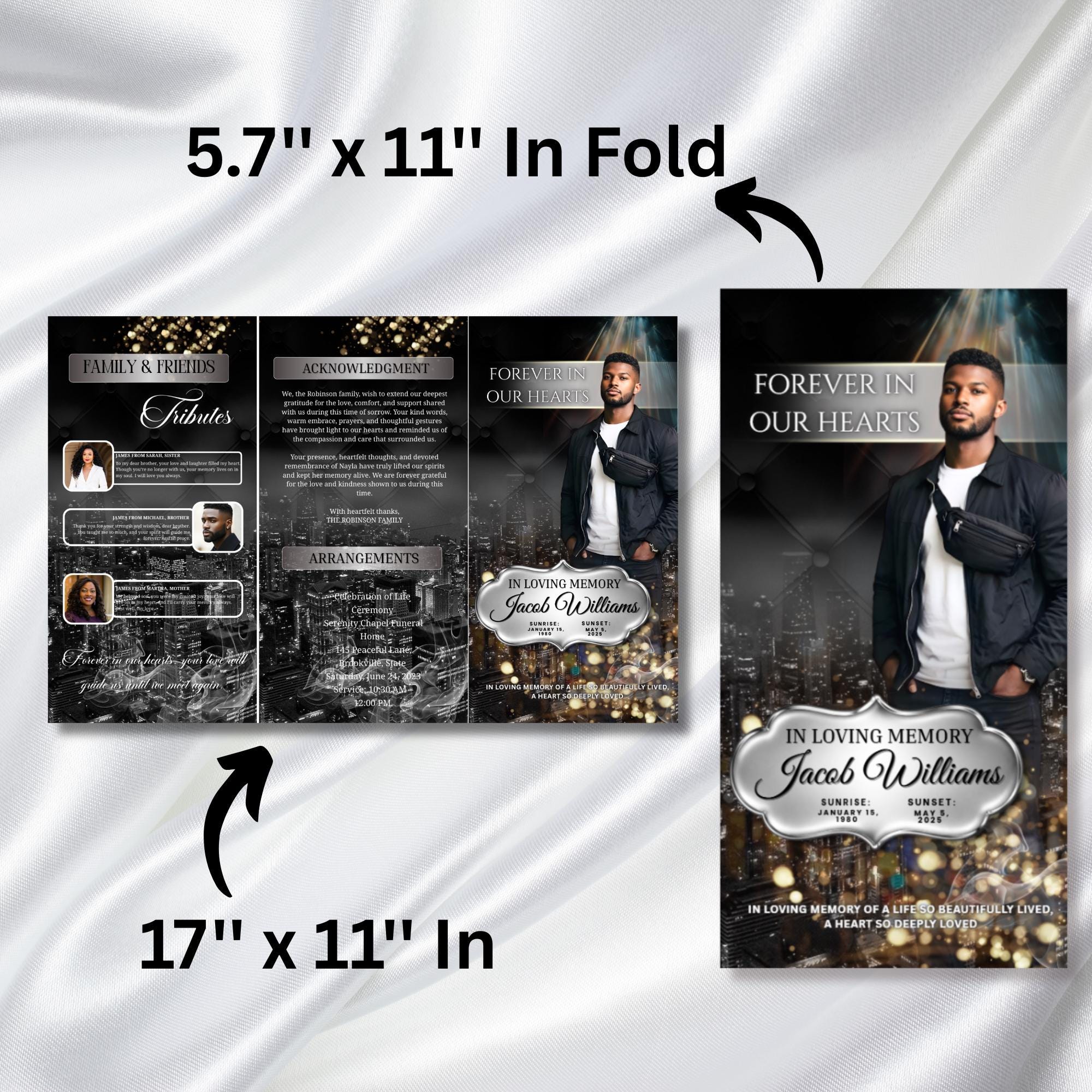 Memorial Black & Silver Smoke Funeral Program Template, Editable TriFold 17x11 Program, Celebration of Life Obituary, Digital Download - Editable Memorial Canva Template