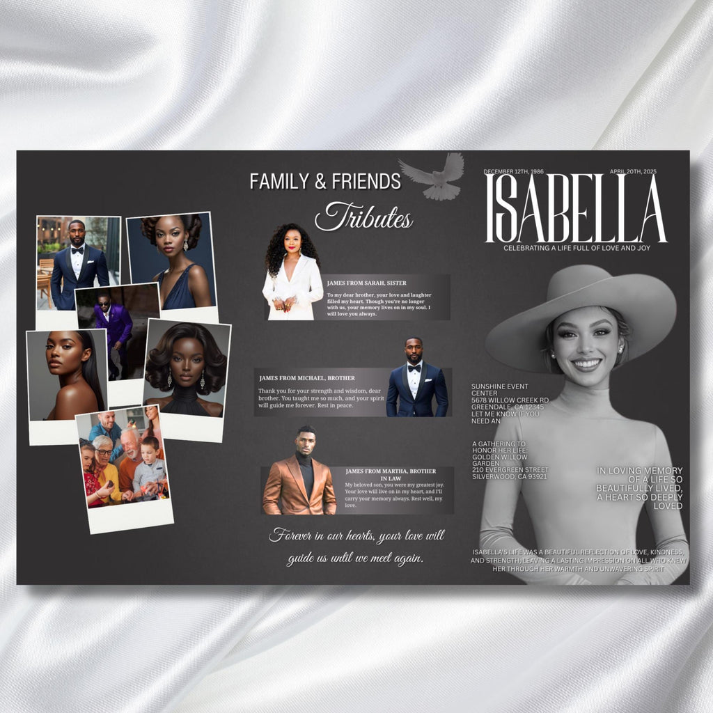 In Loving Memory Grey & White Funeral Program Template, Editable TriFold 17x11 Program, Celebration of Life Obituary, Digital Download - Editable Memorial Canva Template