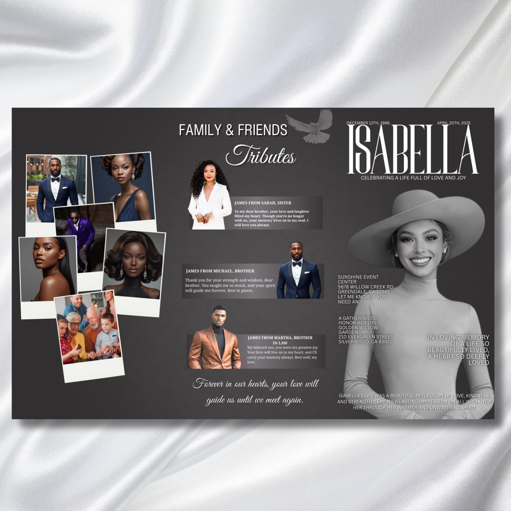 In Loving Memory Grey & White Funeral Program Template, Editable TriFold 17x11 Program, Celebration of Life Obituary, Digital Download - Editable Memorial Canva Template
