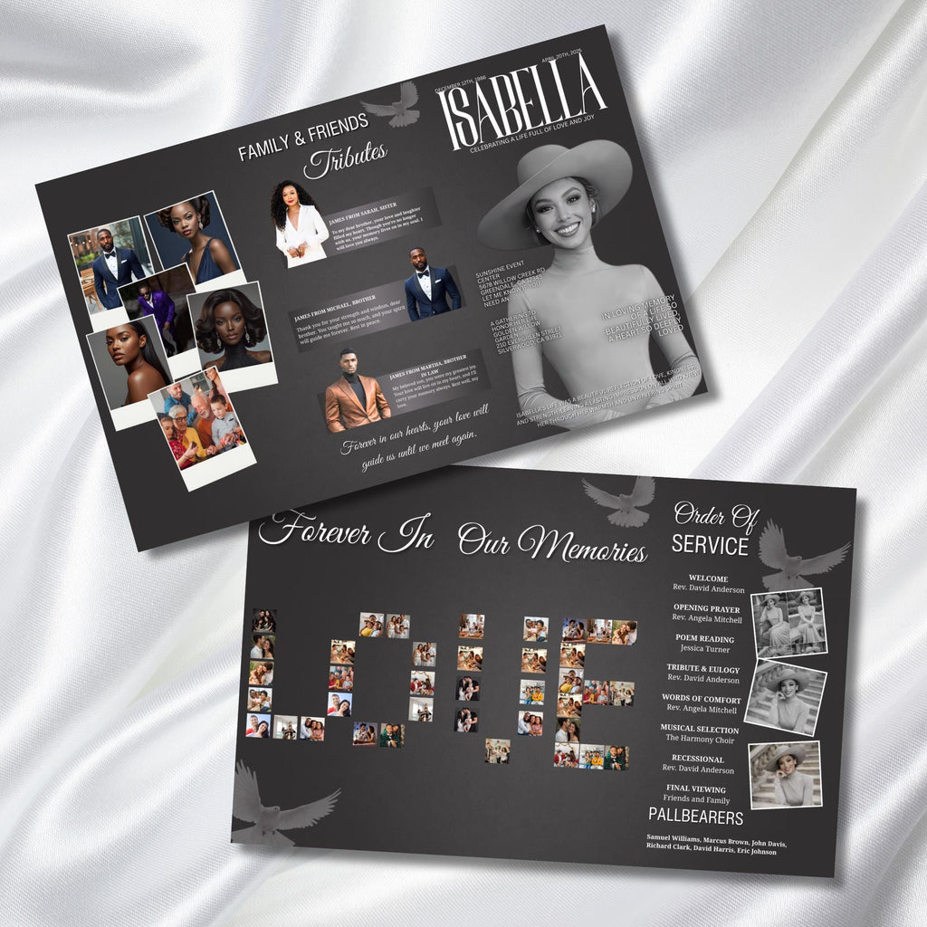 In Loving Memory Grey & White Funeral Program Template, Editable TriFold 17x11 Program, Celebration of Life Obituary, Digital Download - Editable Memorial Canva Template