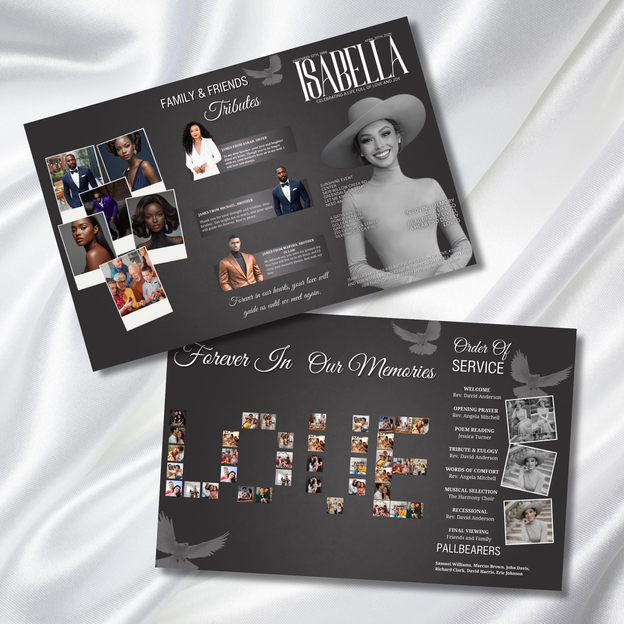In Loving Memory Grey & White Funeral Program Template, Editable TriFold 17x11 Program, Celebration of Life Obituary, Digital Download - Editable Memorial Canva Template