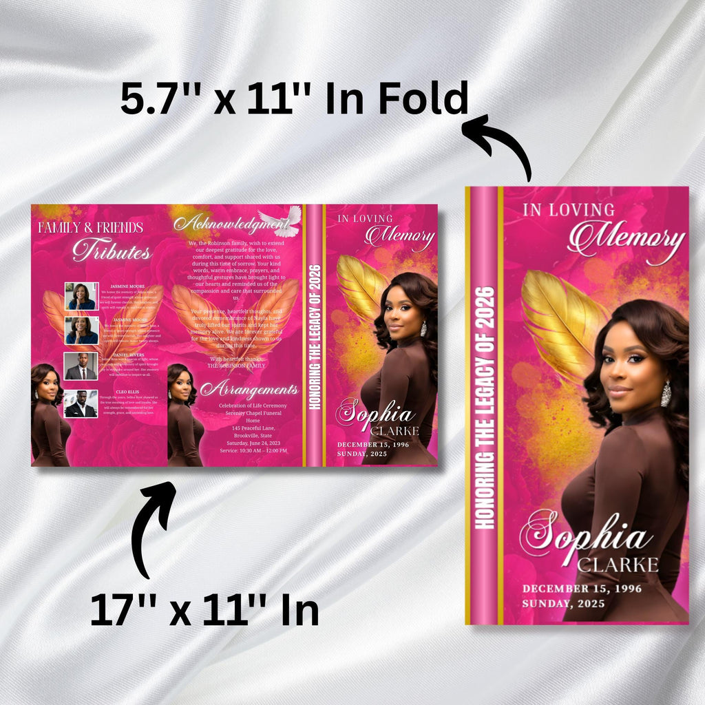 In Loving Memory Pink & Gold Leaf Funeral Program Template, Editable TriFold 17x11 Program, Celebration of Life Obituary, Digital Download - Editable Memorial Canva Template