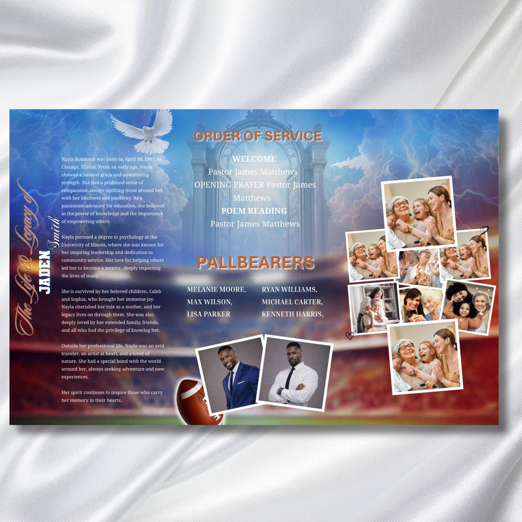 In Loving Memory Blue Football Funeral Program Template, Editable TriFold 17x11 Program, Celebration of Life Obituary, Digital Download - Editable Memorial Canva Template