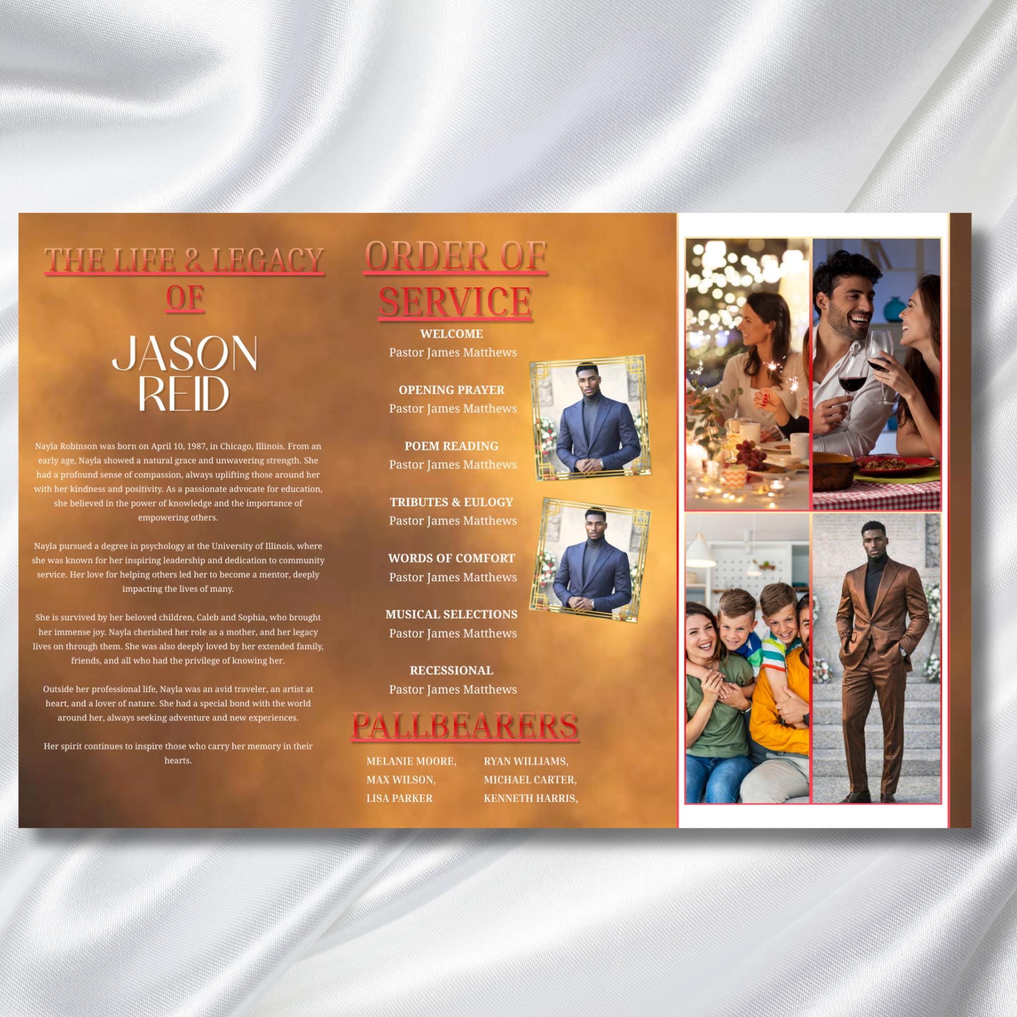 In Loving Memory Brown & Red Funeral Program Template, Editable TriFold 17x11 Program, Celebration of Life Obituary Program,Digital Download - Editable Memorial Canva Template