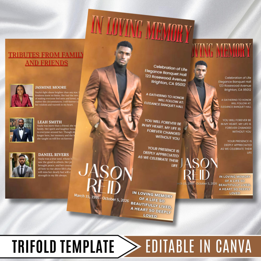 In Loving Memory Brown & Red Funeral Program Template, Editable TriFold 17x11 Program, Celebration of Life Obituary Program,Digital Download - Editable Memorial Canva Template