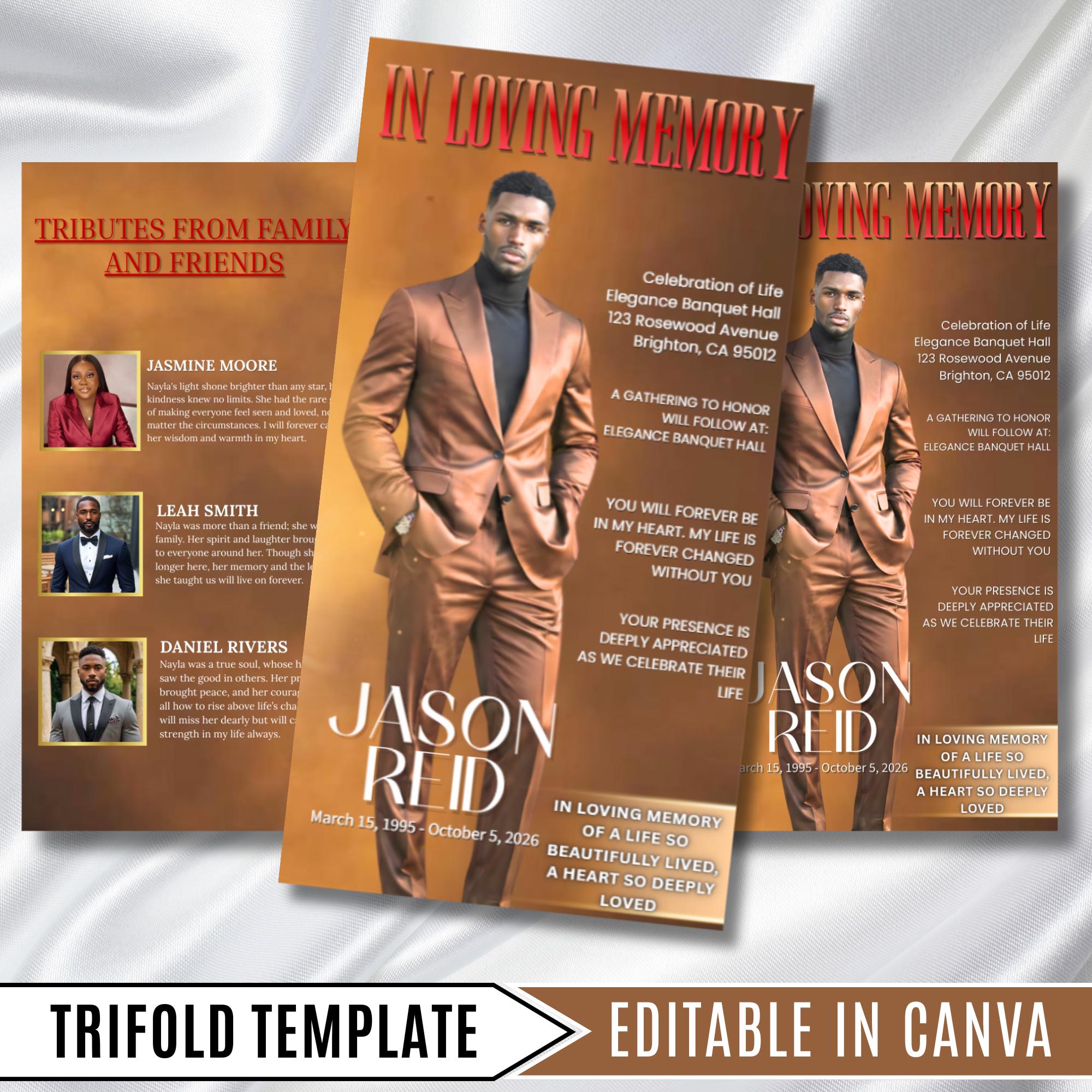 In Loving Memory Brown & Red Funeral Program Template, Editable TriFold 17x11 Program, Celebration of Life Obituary Program,Digital Download - Editable Memorial Canva Template