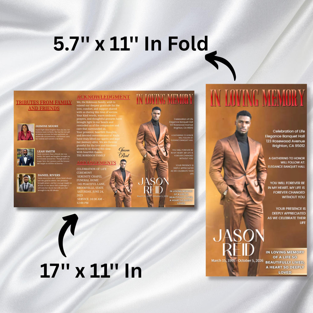 In Loving Memory Brown & Red Funeral Program Template, Editable TriFold 17x11 Program, Celebration of Life Obituary Program,Digital Download - Editable Memorial Canva Template