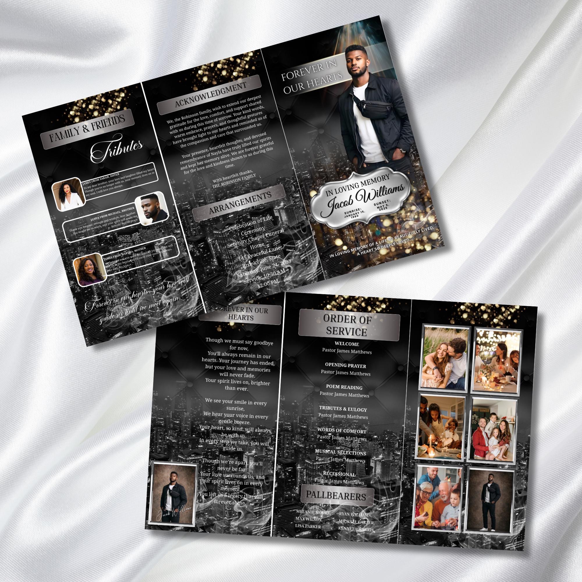 Memorial Black & Silver Smoke Funeral Program Template, Editable TriFold 17x11 Program, Celebration of Life Obituary, Digital Download - Editable Memorial Canva Template