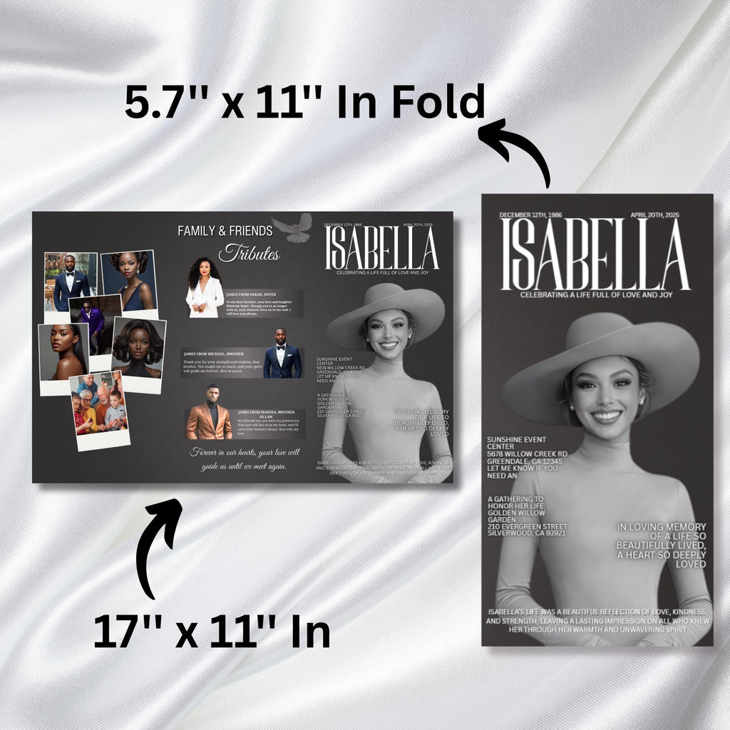 In Loving Memory Grey & White Funeral Program Template, Editable TriFold 17x11 Program, Celebration of Life Obituary, Digital Download - Editable Memorial Canva Template