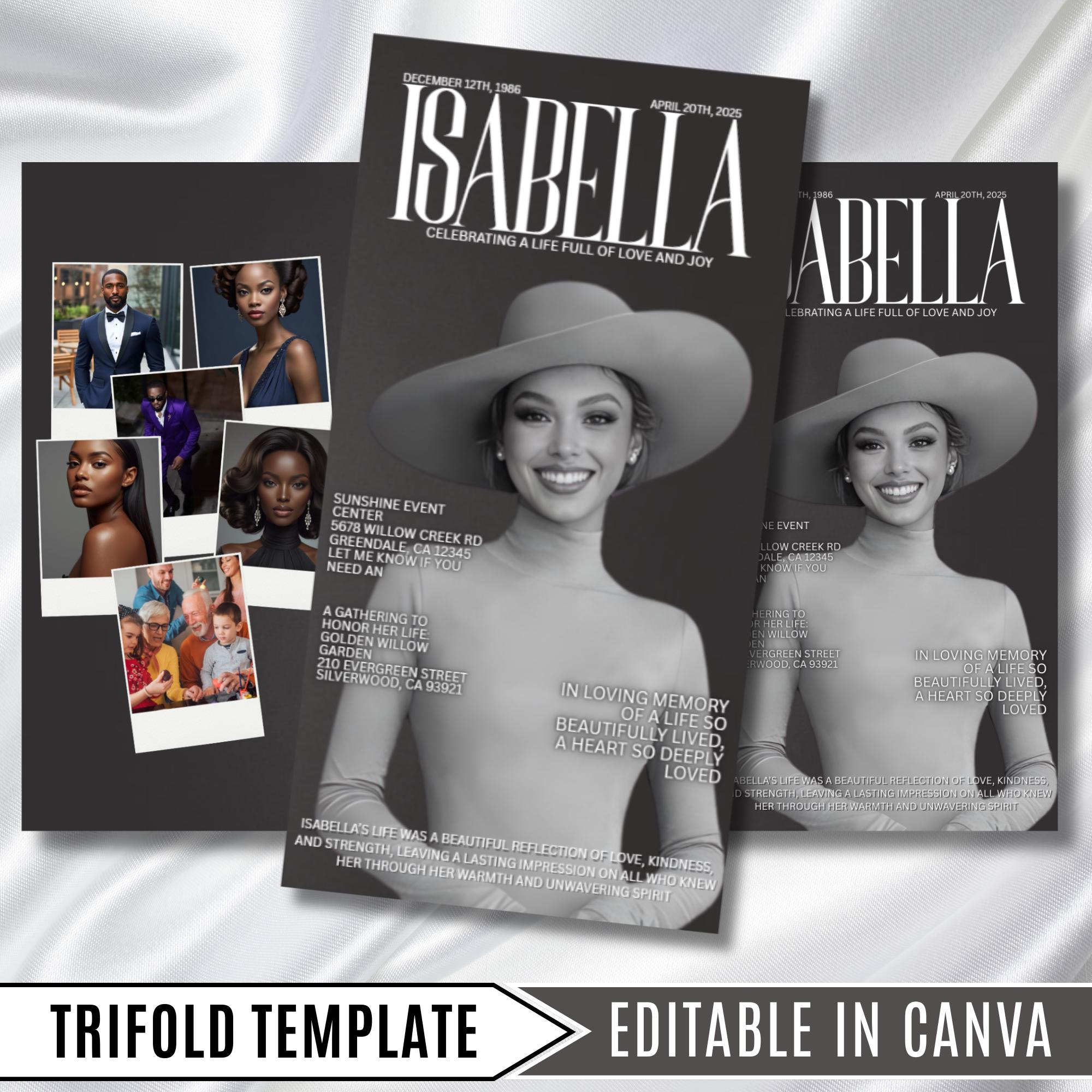 In Loving Memory Grey & White Funeral Program Template, Editable TriFold 17x11 Program, Celebration of Life Obituary, Digital Download - Editable Memorial Canva Template