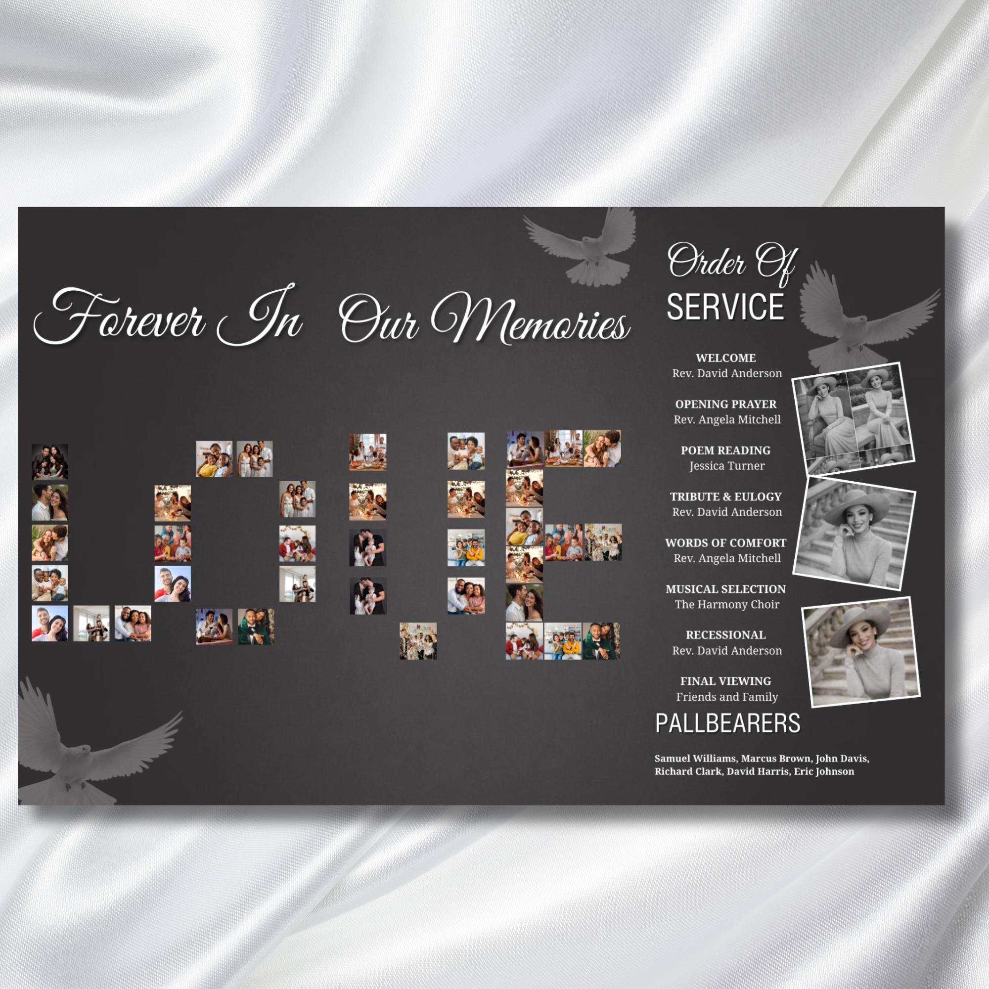 In Loving Memory Grey & White Funeral Program Template, Editable TriFold 17x11 Program, Celebration of Life Obituary, Digital Download - Editable Memorial Canva Template