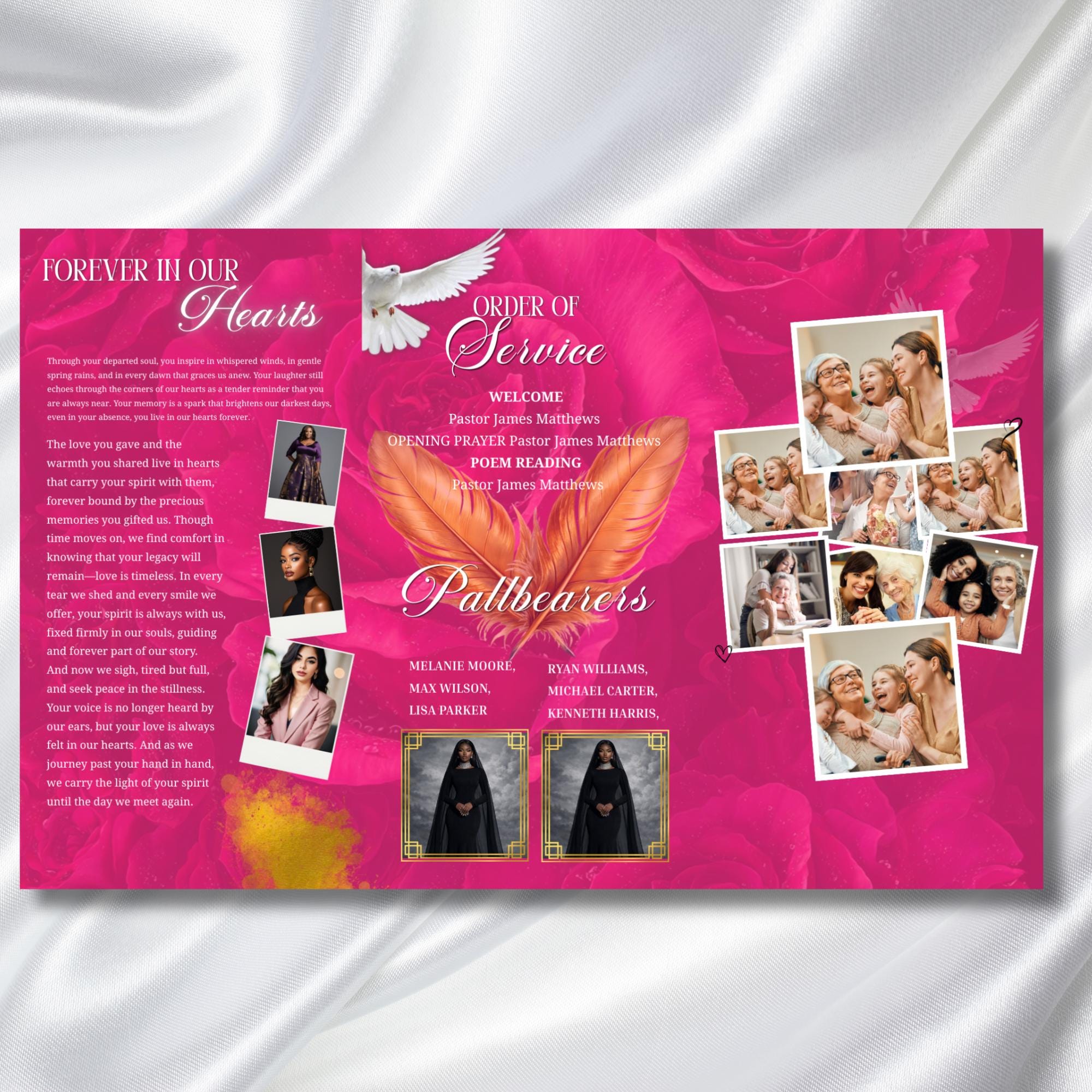In Loving Memory Pink & Gold Leaf Funeral Program Template, Editable TriFold 17x11 Program, Celebration of Life Obituary, Digital Download - Editable Memorial Canva Template