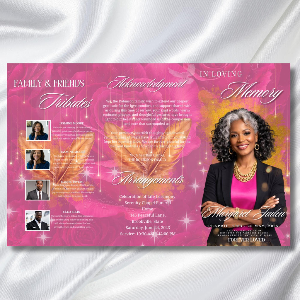 Pink and Gold for a Woman Obituary Funeral Program Template, Editable TriFold 17x11 Program, Celebration of Life Obituary, Digital Download - Editable Memorial Canva Template