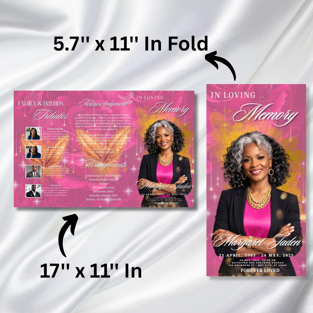 Pink and Gold for a Woman Obituary Funeral Program Template, Editable TriFold 17x11 Program, Celebration of Life Obituary, Digital Download - Editable Memorial Canva Template