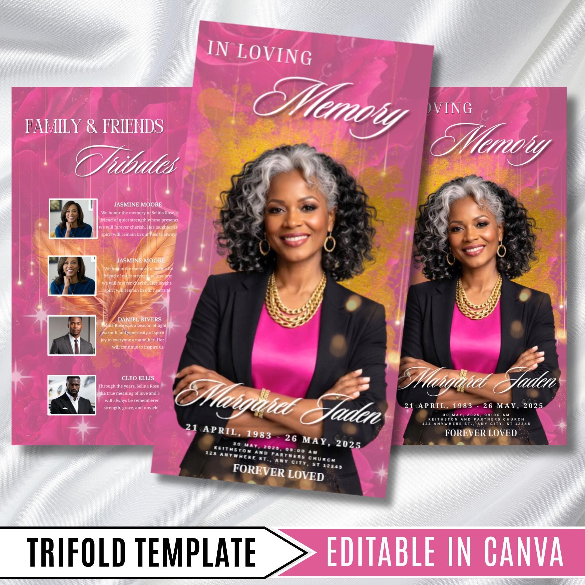 Pink and Gold for a Woman Obituary Funeral Program Template, Editable TriFold 17x11 Program, Celebration of Life Obituary, Digital Download - Editable Memorial Canva Template