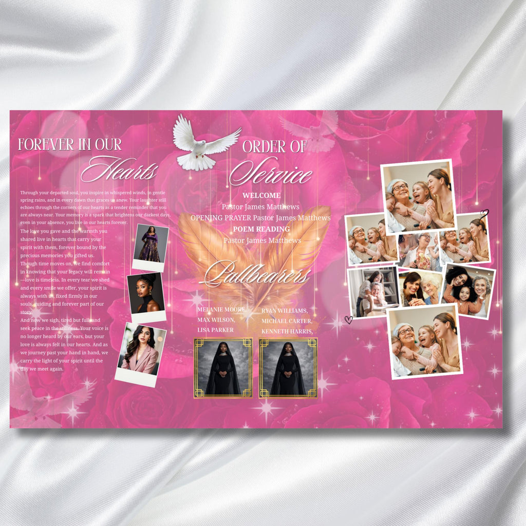 Pink and Gold for a Woman Obituary Funeral Program Template, Editable TriFold 17x11 Program, Celebration of Life Obituary, Digital Download - Editable Memorial Canva Template